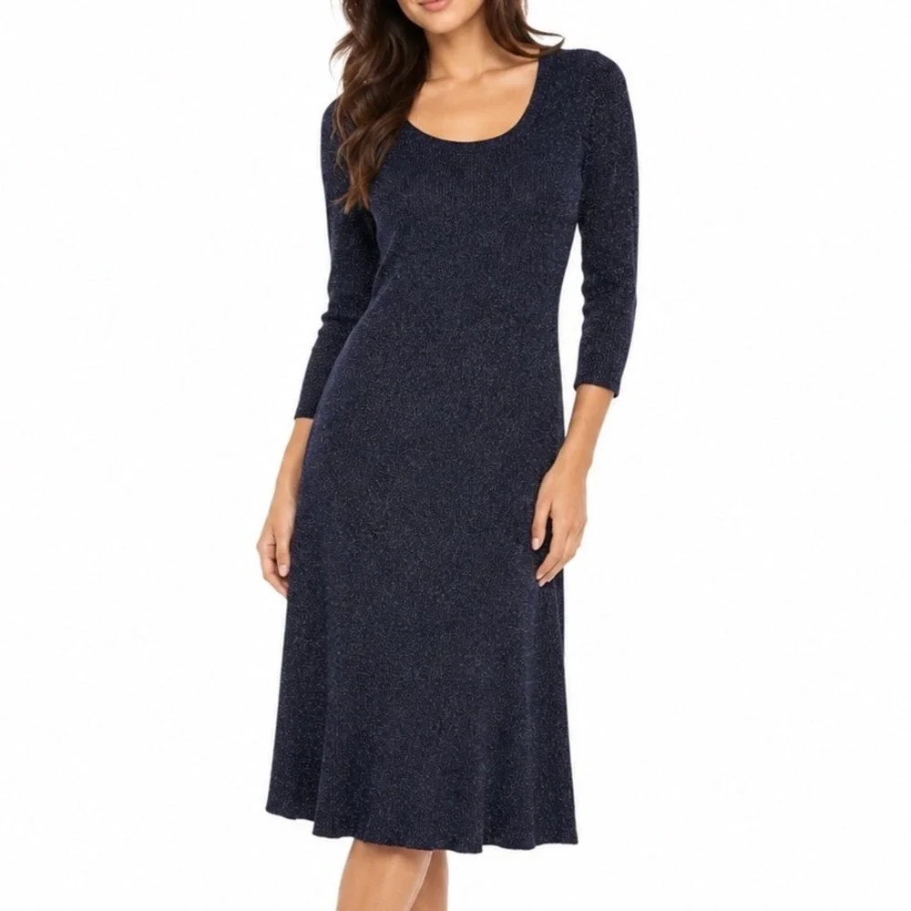 Anthropologie Navy Blue Metallic Ribbed Knit Scoop Neck Midi Dress Size Medium